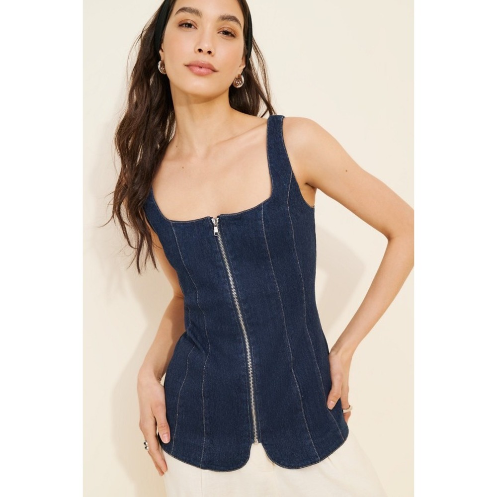 o.p.t Women Denim Zip Front Sleeveless Peplum Top Size 6